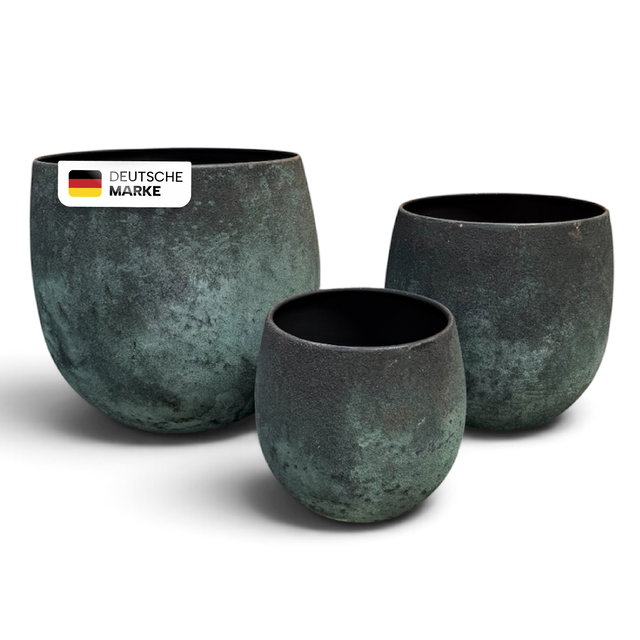 Pflanztöpfe Metall 3er-Set in Grün-Grau mit strukturierter Patina Pflanztöpfe Metall 3er-Set in Grün-Grau mit strukturierter Patina